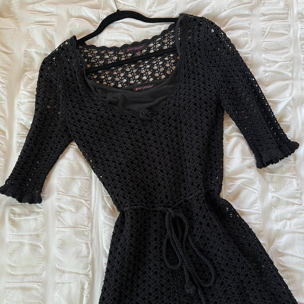 Vintage Betsey Johnson Black Crochet Dress Two Piece Set, Size: M